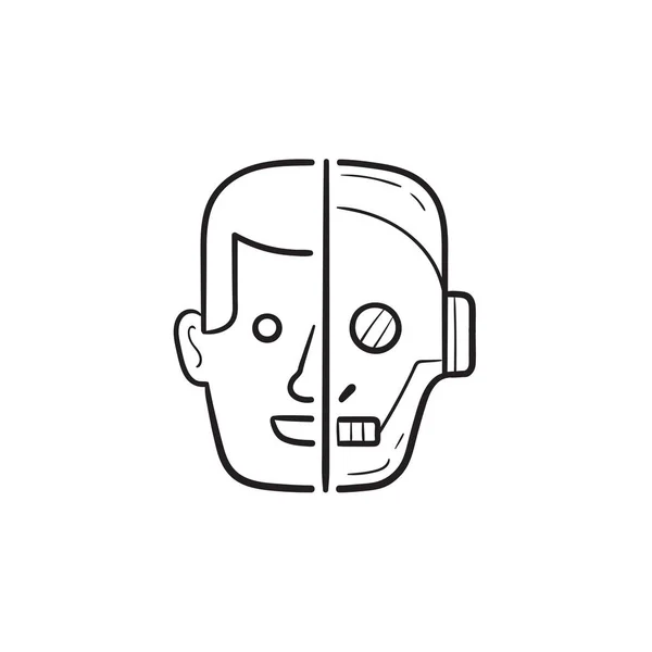 Pół ludzi zarys głowy ręcznie rysowane pół robot doodle ikona. — Wektor stockowy