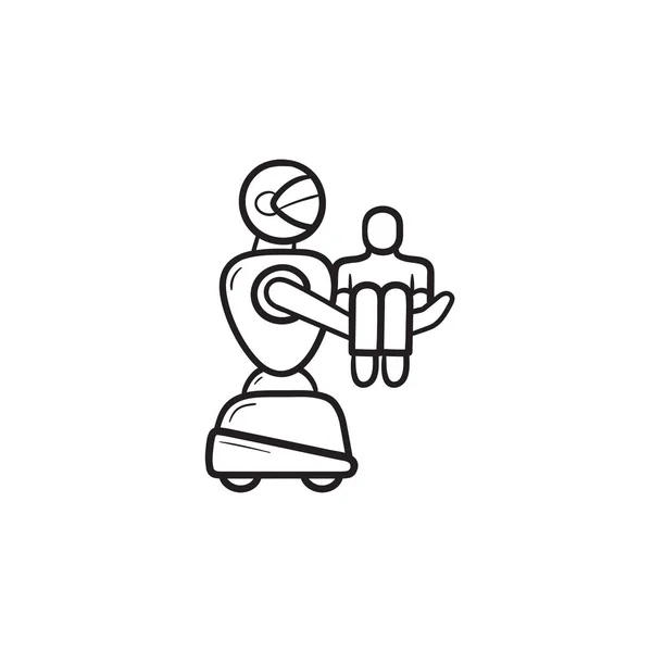 Robot médico portando paciente dibujado a mano esbozo garabato icono . — Vector de stock