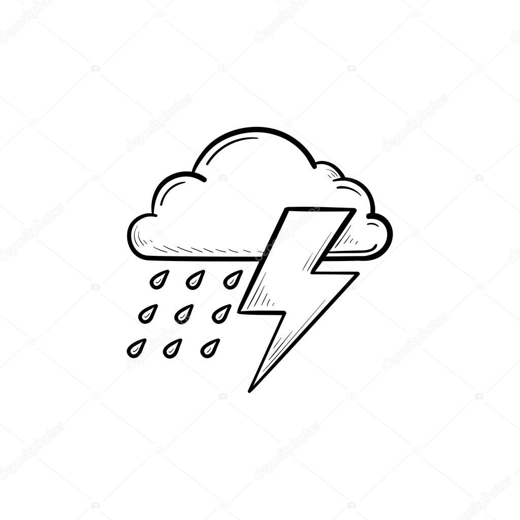 Rain cloud with lightning hand drawn outline doodle icon. Rainy day, thunder and storm, weather concept. Vector sketch illustration for print, web, mobile and infographics on white background.