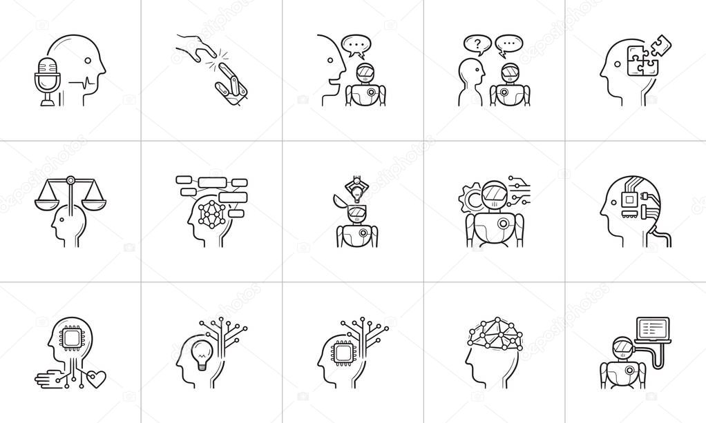 Artificial intelligence hand drawn outline doodle icon set.