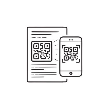 Cep telefonu tarama Qr code el çizilmiş anahat doodle simgesi.