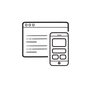 Smartphone kodlama ve Web sayfası el çizilmiş anahat doodle simgesi.
