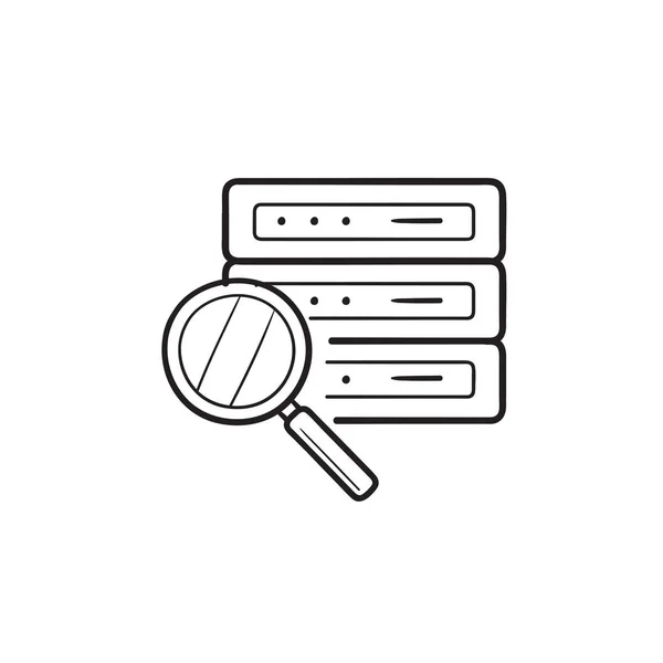 Vergrootglas over pictogram voor de database server hand getrokken schets-doodle. — Stockvector