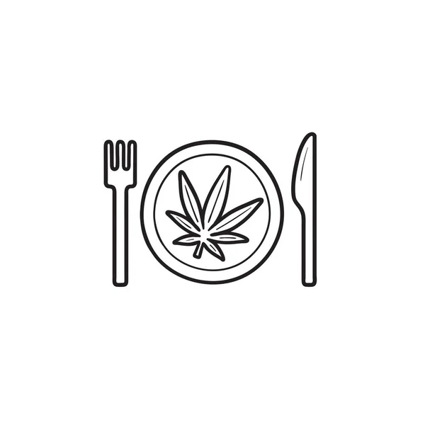 Hoja de marihuana en el plato con tenedor y cuchillo esbozo dibujado a mano garabato icono . — Vector de stock