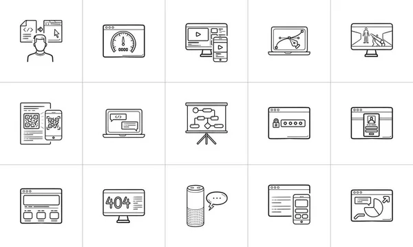 Overzicht van web ontwikkeling hand getrokken doodle icon set. — Stockvector