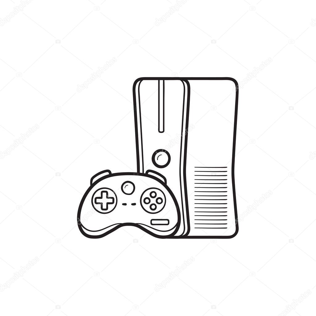 Game console with joystick hand drawn outline doodle icon.