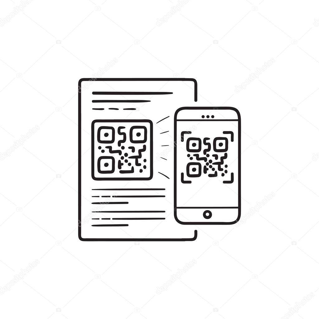 Mobile phone scanning QR code hand drawn outline doodle icon.
