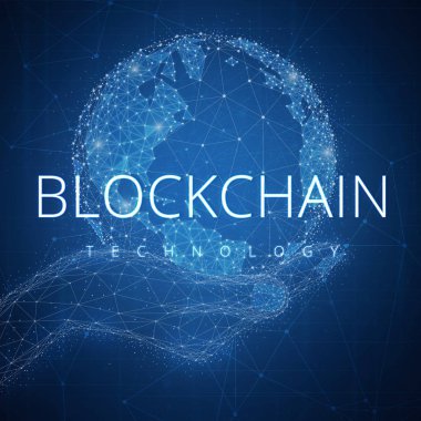 Dünya bir el ile Blockchain teknoloji fütüristik hud banner