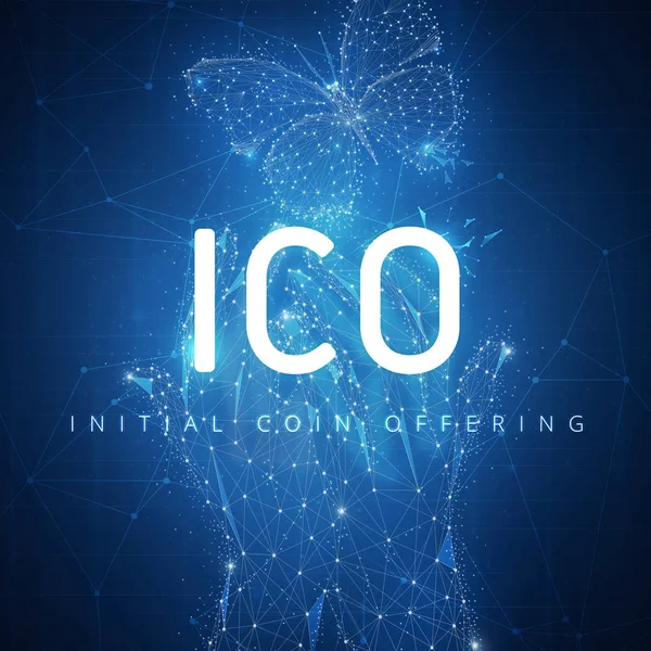 ICO initial coin offering hud banner with hands and butterfly — Stock Photo, Image