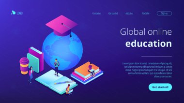 Küresel online eğitim izometrik 3d açılış sayfası.