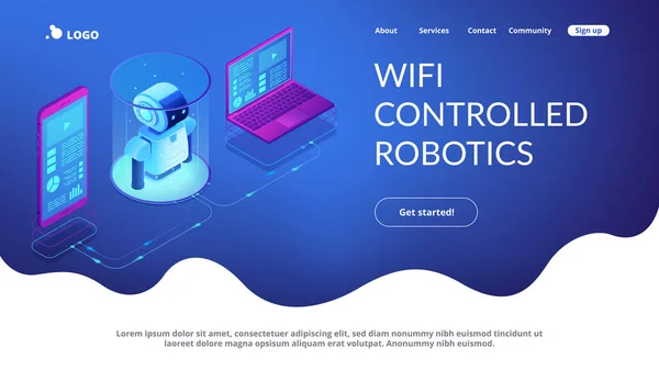 Pagina di atterraggio isometrica 3D robotica controllata WiFi . — Vettoriale Stock