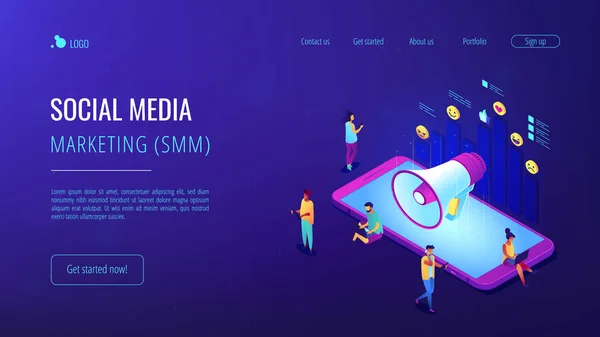 Social Media Marketing isometrische 3d Landing Page. — Stockvektor