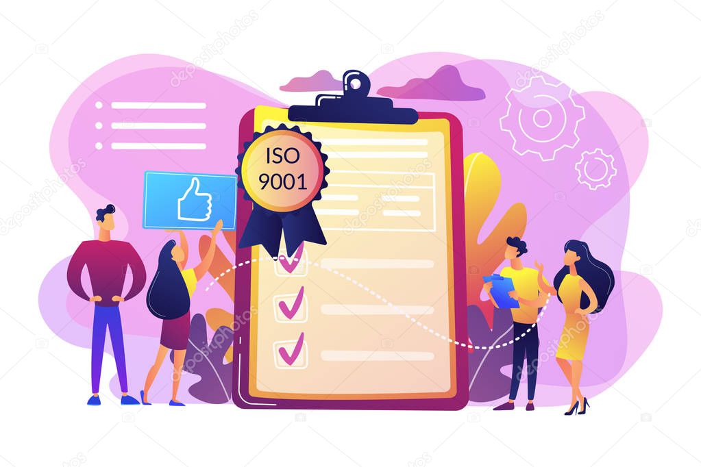 Tiny business people like standard for quality control. Standard for quality control, ISO 9001 standard, international certification concept. Bright vibrant violet vector isolated illustration