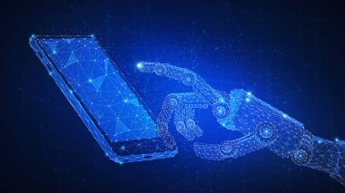 Robotik Kol Smartphone fütüristik hud arka plan dokunmadan.