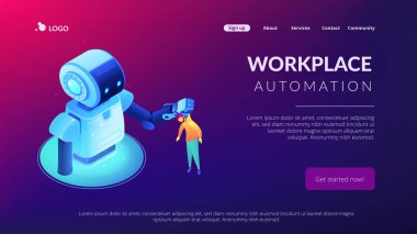 İnsan-robot etkileşim izometrik 3d açılış sayfası.