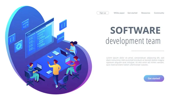 Equipe de desenvolvimento de software isométrico 3D landing page . —  Vetores de Stock