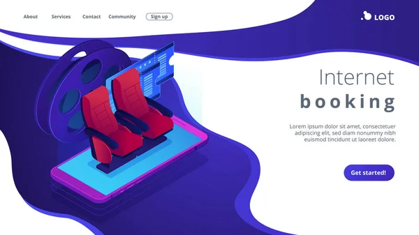 Buying tickets online isometric 3D landing page. — Stock Vector