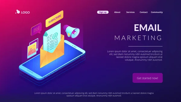 Email marketing isométrico 3D landing page . — Vetor de Stock