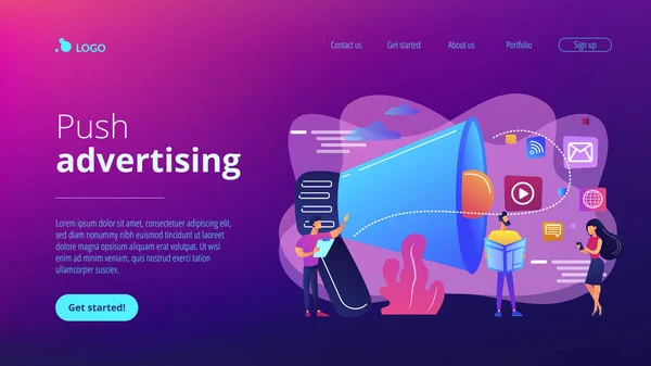 Empuje concepto de publicidad landing page . — Archivo Imágenes Vectoriales