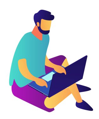 Dizüstü bilgisayar izometrik 3d çizim çalışma iş adamı.