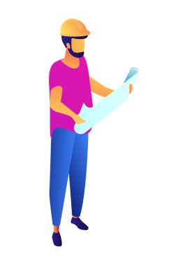 Blueprint izometrik 3d çizim tutan güvenlik kask giyiyor mühendisi.