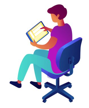 Tablet tutarak ve sandalye izometrik 3d çizim üzerinde oturan işadamı.