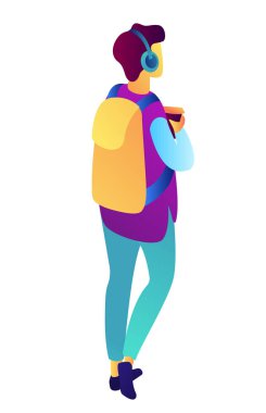 Kahve izometrik 3d çizim ve kulaklık ile erkek öğrenci.