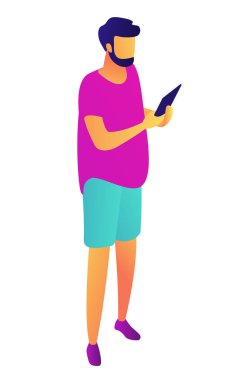 Smartphone izometrik 3d gösterimi kullanarak iş adamı.