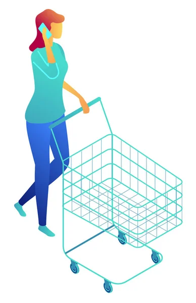 Femme d'affaires marchant avec panier et parlant sur téléphone illustration 3D isométrique . — Image vectorielle