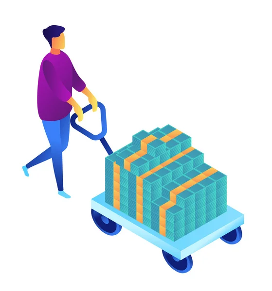 Podnikatel, tlačí vozík s hotovostní peníze izometrické 3d ilustrace. — Stockový vektor