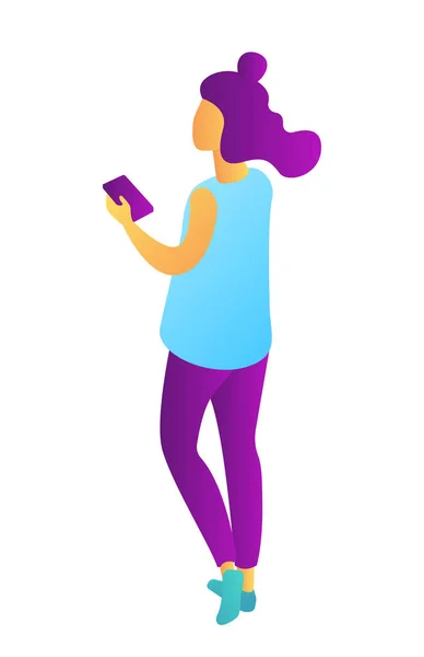 Young businesswoman holding mobile phone isometric 3D illustration. — Stock Vector