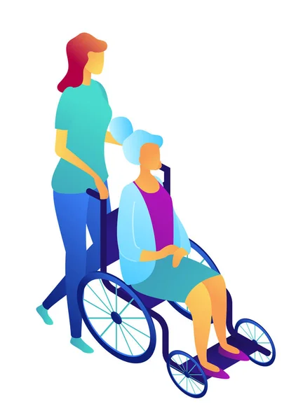 Enfermera empujando silla de ruedas con mujer de edad avanzada ilustración 3D isométrica . — Archivo Imágenes Vectoriales