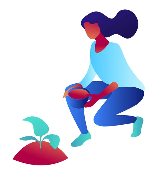 Femme cultivant une plante illustration 3D isométrique . — Image vectorielle