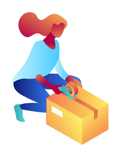 Affärskvinna packning kartong isometrisk 3d illustration. — Stock vektor