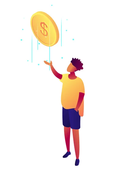 Homme d'affaires attrape chute dollar pièce isométrique illustration 3D . — Image vectorielle