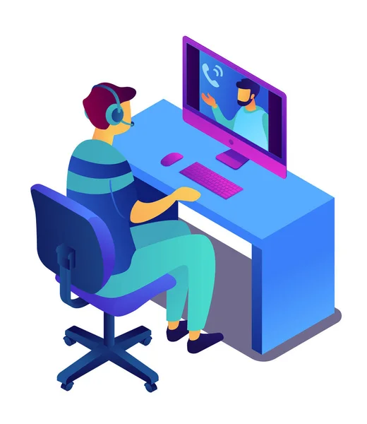 Pengusaha dengan headset membuat video call isometric 3D illustration . - Stok Vektor