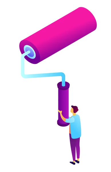 Worker holding huge paint roller isometric 3D illustration. — Stock Vector