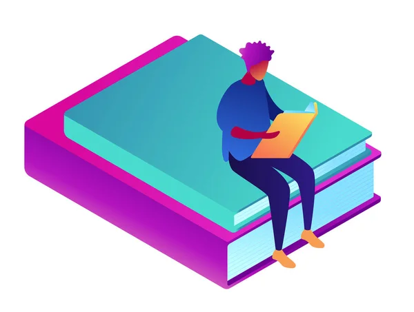 Student leren sittng op boeken isometrische 3d illustratie. — Stockvector