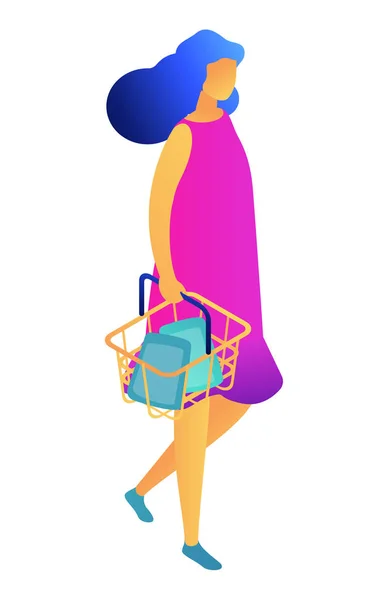 Vrouwelijke shopper met shopping mand isometrische 3d illustratie. — Stockvector