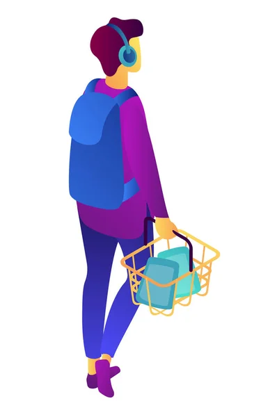 Comprador adolescente com cesta de compras ilustração 3D isométrica . —  Vetores de Stock