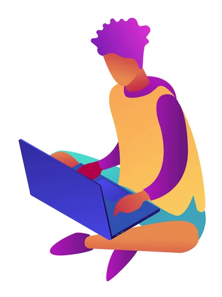 Молодий бізнесмен сидить на схрещених ногах з ноутбуком ізометрична 3D ілюстрація . — стоковий вектор