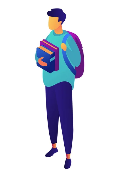 Manlig student med ryggsäck holding böcker isometrisk 3d illustration. — Stock vektor
