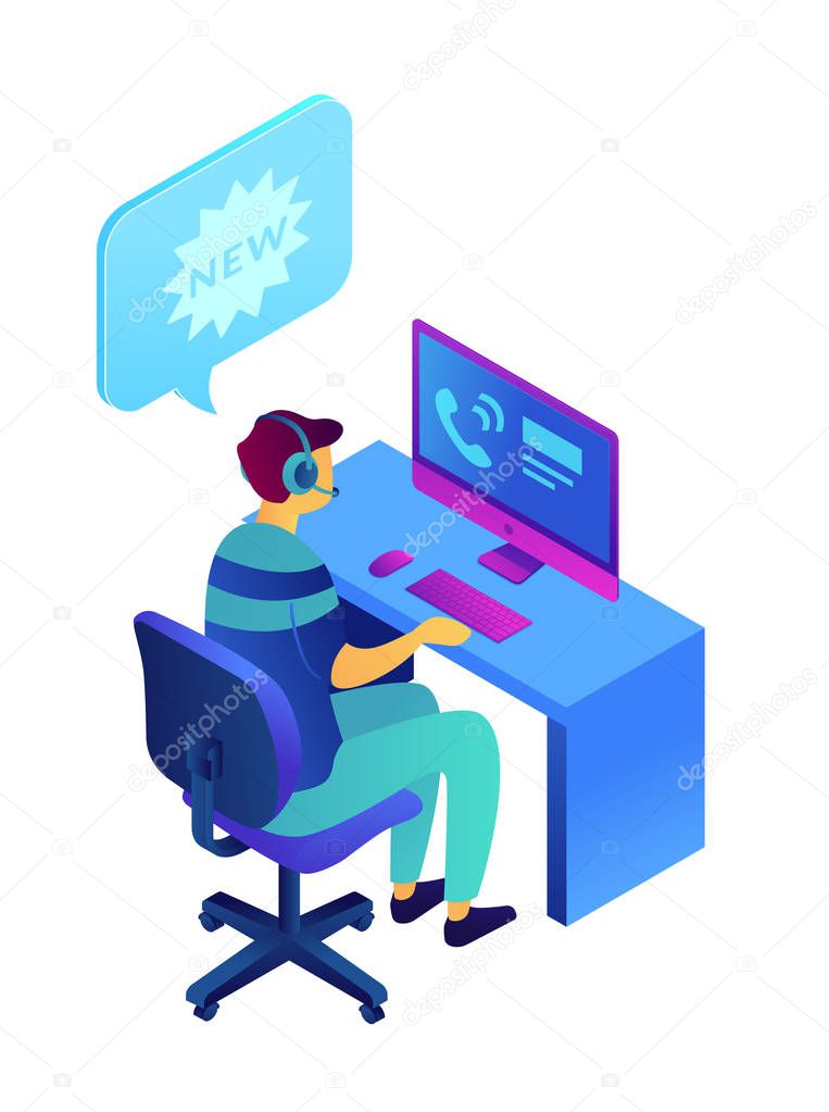 Cold calling and operator with headset isometric 3D illustration.