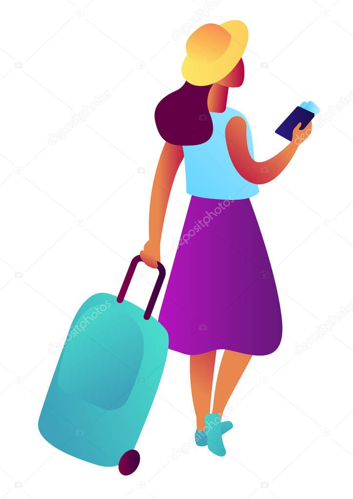 Female tourist with suitcase, passport and ticket isometric 3D illustration.