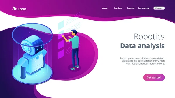 Робототехнический анализ данных изометрическая трехмерная целевая страница . — стоковый вектор