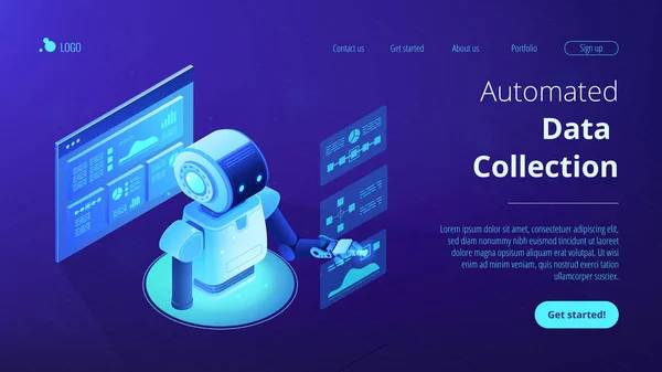 Automated data analysis isometric 3D landing page. — Stock Vector
