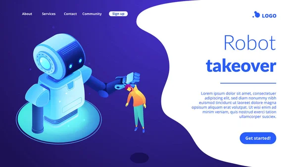 Human-robot interaction isometric 3D landing page. — Stock Vector