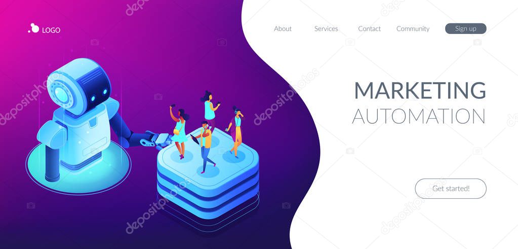 Social media automation tools isometric 3D landing page.