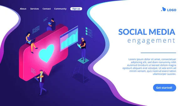 Social Media Engagement isometrische 3d Landing Page. — Stockvektor
