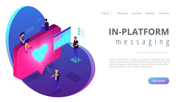 Social media engagement isometric 3D landing page. — Stock Vector